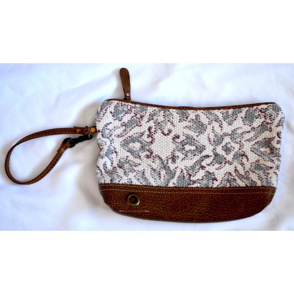 Myra Bag Canvas Leather Pouch Clutch Wristlet Handbag Boho Pattern Lined Zips